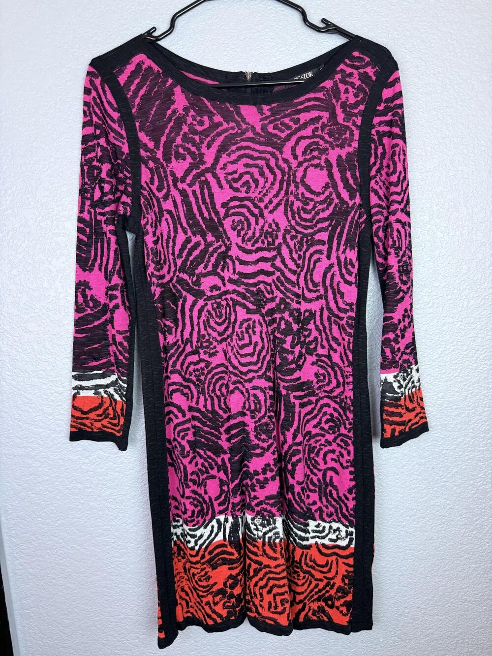 NIC+ZOE Sweater Dress Womens Small Pink Animal Print Sheath Knit 3/4 Sleeve Zip
